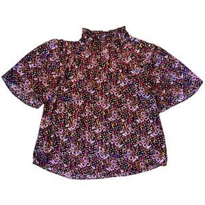 Melloday Floral Metallic Woven Feminine Romantic Flutter Sleeve Top S